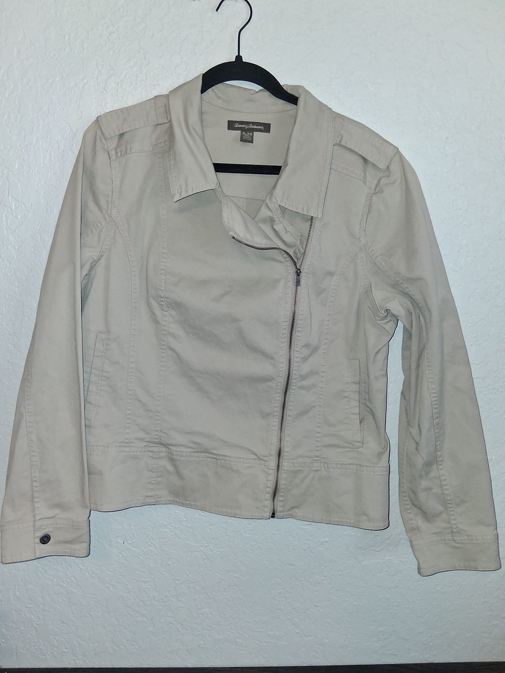 Tommy Bahama Womens XL Beige Cotton Twill Moto Jacket Asymmetric Zip Biker Coat